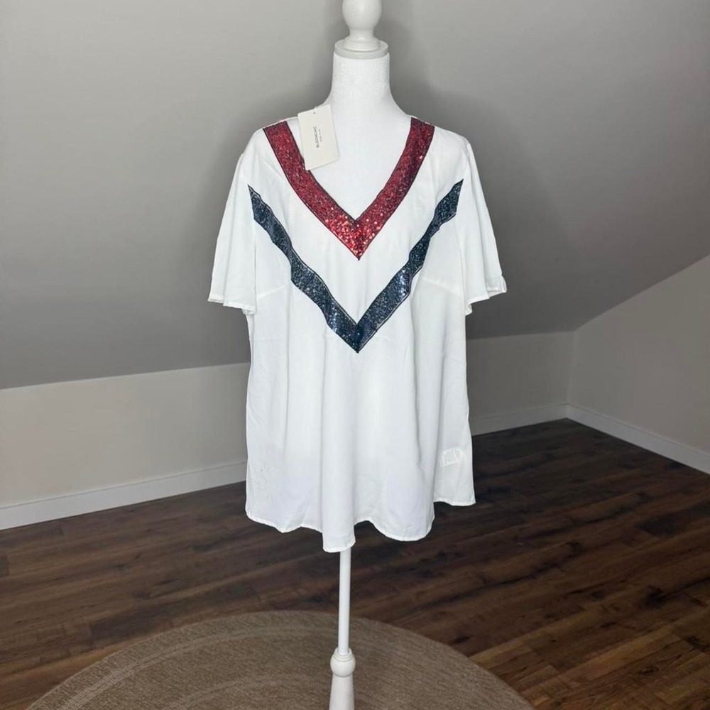 NEW BloomChic Americana White sequin top with red and blue sequin